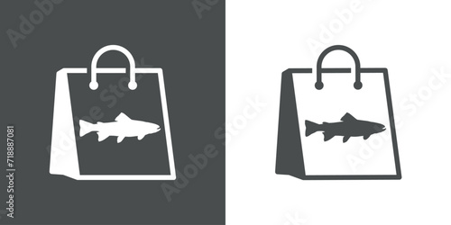 Logo seafood. Silueta de pescado tipo trucha o salmón en bolsa de la compra de papel para restaurante de comida para llevar
