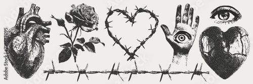 Elements with a retro photocopy effect. Gothic valentine's day concept. Broken heart, barbed wire and other trendy Y2K elements.  Grain effect and stippling. Vector dots texture.	 photo