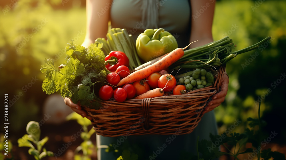Fototapeta premium Woman farmer holding a basket with tulips. AI generated image.