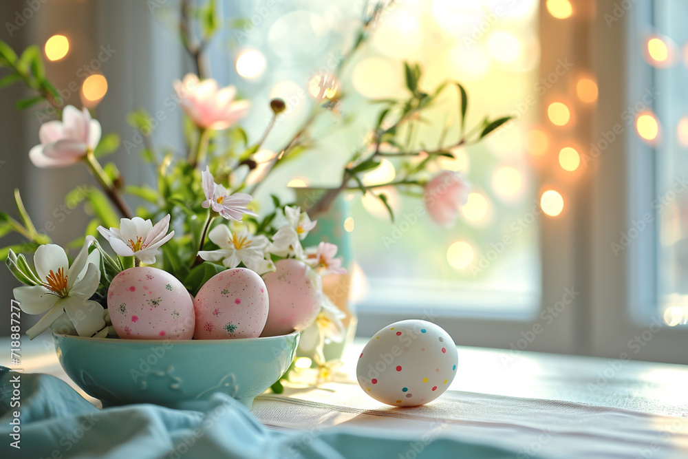 Easter composition in calm pastel colors, consisting of colored eggs and delicate spring flowers on the background of a large window, the concept of Easter design and greeting cards