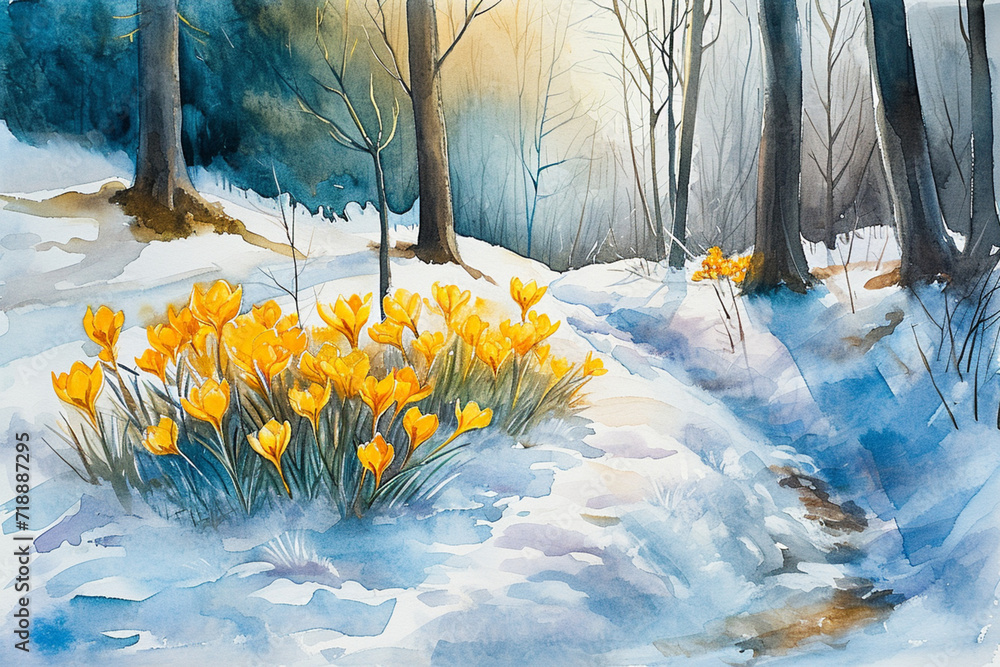 delicate yellow crocuses on the edge of the forest make their way through snow, symbolizing the beginning of spring and a new life,the concept of spring design and marketing,watercolor illustration - obrazy, fototapety, plakaty 