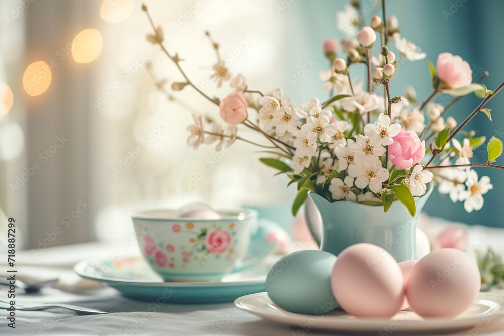 a delicate Easter composition of Easter breakfast serving of colored eggs on a plate,spring flowers and an elegant tea pair, the concept of Easter design and greeting cards a delicate Easter composition of Easter breakfast serving of colored eggs on a plate,spring flowers and an elegant tea pair, the concept of Easter design and greeting cards