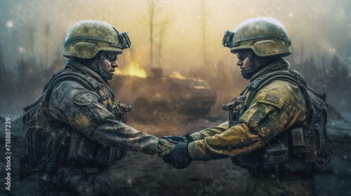 Portrait of two soldiers holding each other hands and giving support in war photo