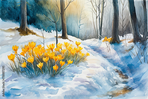 delicate yellow crocuses on the edge of the forest make their way through snow, symbolizing the beginning of spring and a new life,the concept of spring design and marketing,watercolor illustration
