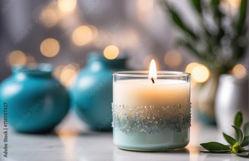 A scented candle placed on a white table adorned with vases A scented candle placed on a white table adorned with vases