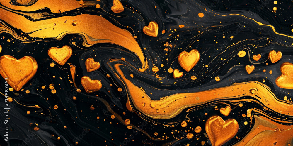 abstract modern background in the style of fluid art,a group of golden hearts on a black background decorated with golden lines and streaks,a concept of festive design for Valentine's day