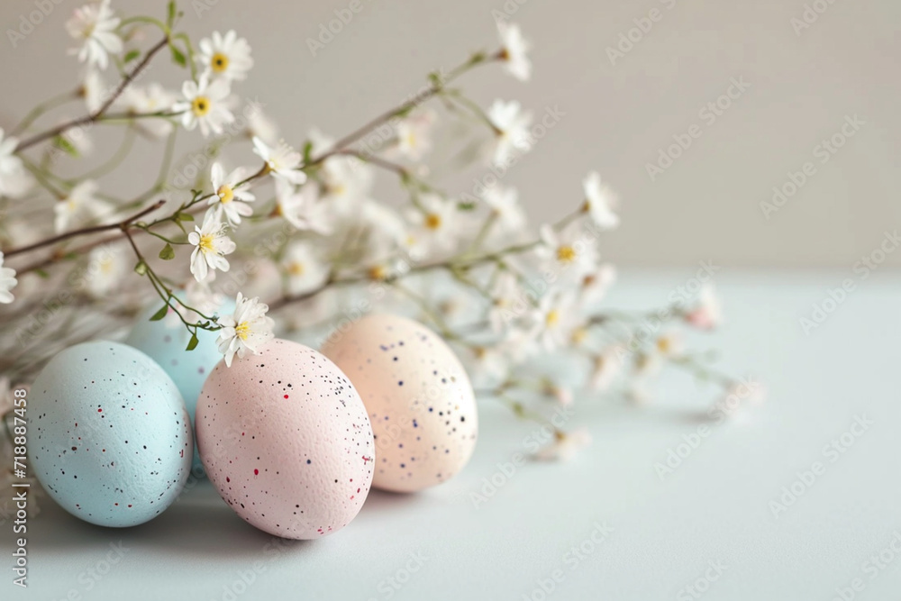 Easter composition of colored eggs lying on the table next to flowering twigs, light background, minimalist style, in delicate pastel colors,the concept of creative Easter design and greeting cards