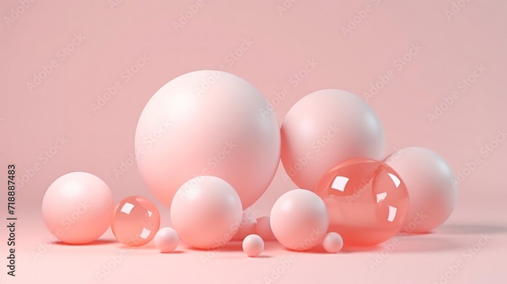 3D pink spheres of different sizes and transparency. Pastel colour palette. Abstract background. Generative AI 3D pink spheres of different sizes and transparency. Pastel colour palette. Abstract background. Generative AI