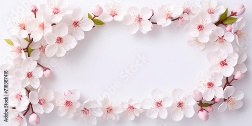 branches of cherry blossoms arranged in the form of a frame on a delicate light background,with a place for text, a spring banner, a design concept for spring marketing materials