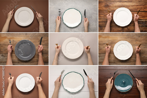 People with cutlery and clean plates on different backgrounds, top view. Collection of photos