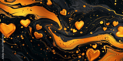 abstract modern background in the style of fluid art a group of golden hearts on a black background decorated with golden lines and streaks a concept of festive design for Valentine s day