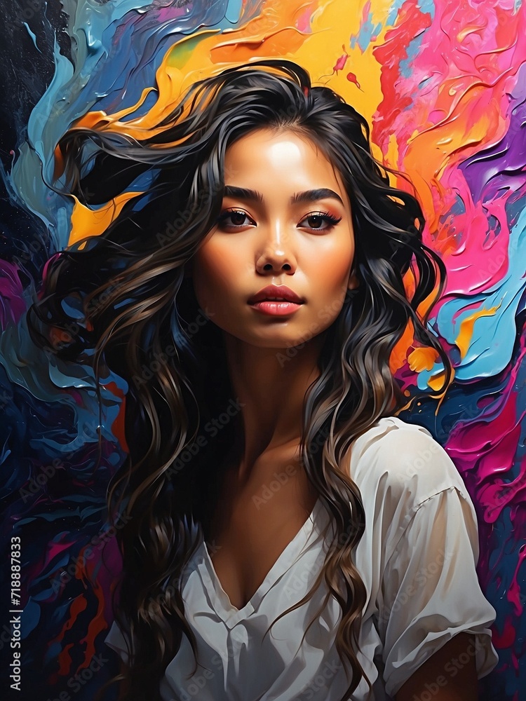 Young Asian woman portrait. Vibrant gouache and acrylic painting 