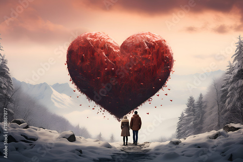 Couple in love holding hands and looking at each other against snowy landscape