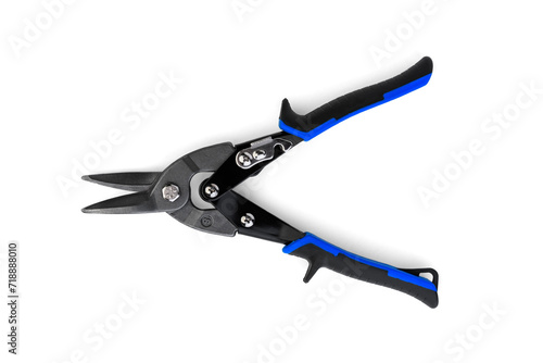 Construction scissors for cutting metal isolated on white background.