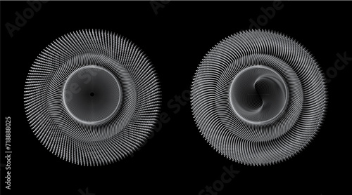 A vector illustration features a geometric spiral composed of silver dots against a black background. This stylish design element is well-suited for framing, circular icons, signage, and symbols