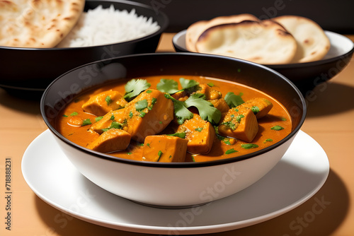 A bowl of spicy chicken curry with naan bread and rice