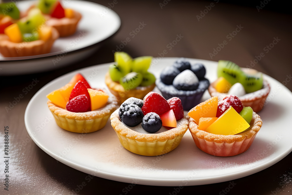A plate of colorful fruit tartlets with a dusting of powdered sugar A plate of colorful fruit tartlets with a dusting of powdered sugar