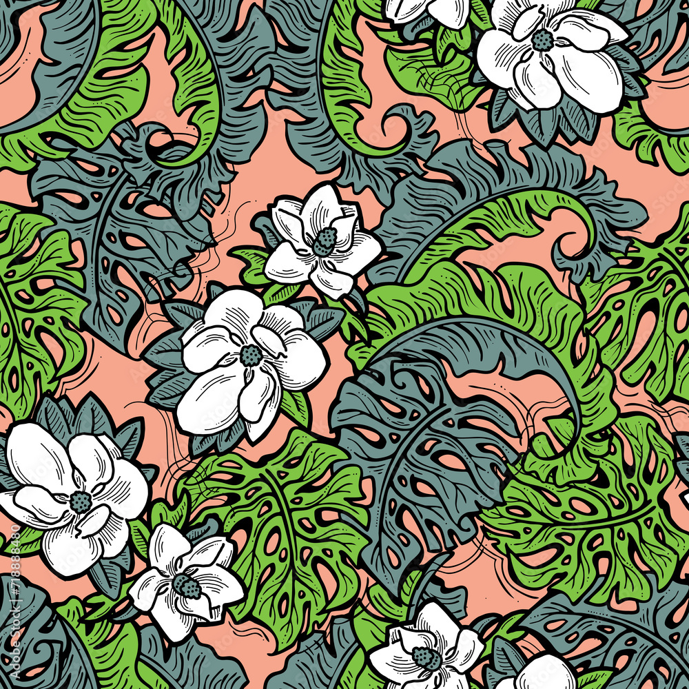 Tropical plant leaves pattern for textile design, fabric print, wallpaper, digital paper. Palm tree leaf background, jungle vintage style, hand drawn illustration for cafe, spa hotel decoration. Tropical plant leaves pattern for textile design, fabric print, wallpaper, digital paper. Palm tree leaf background, jungle vintage style, hand drawn illustration for cafe, spa hotel decoration.