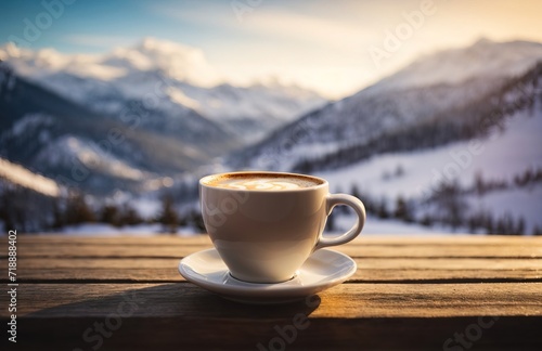 Cup of Coffee on a wooden table top on a winter snow blurred mountain background