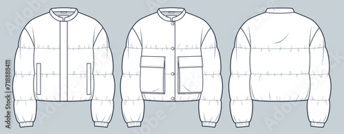 Cropped down Jacket technical fashion Illustration. Unisex Lightweight Jacket fashion flat technical drawing template, pocket, buttons, front and back view, white, women, men, unisex CAD mockup set.