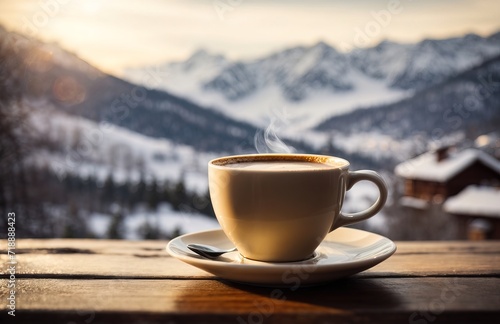 Cup of Coffee on a wooden table top on a winter snow blurred mountain background