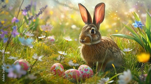 Spring meadow with rabbit and easter eggs