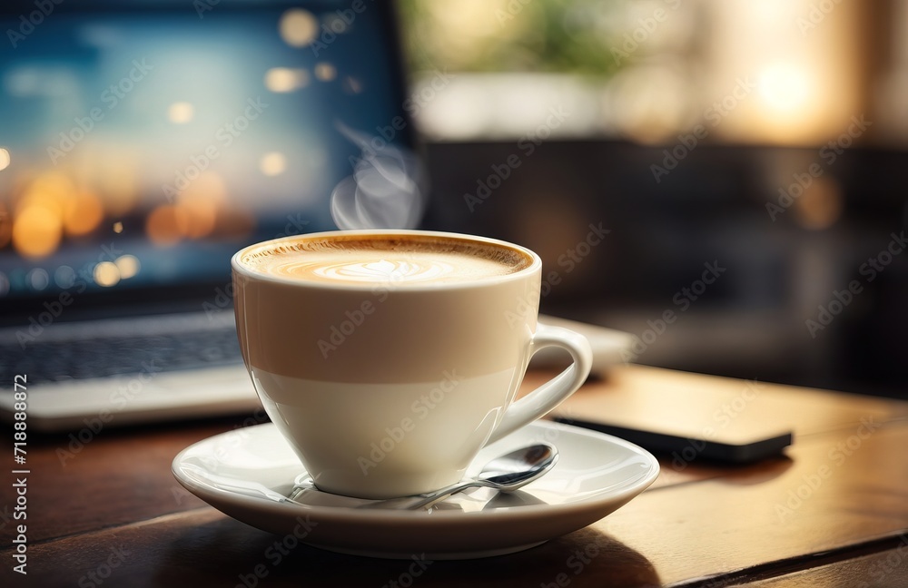 Coffee in a white cup, laptop, homeworking, teleworking, coffee and laptop