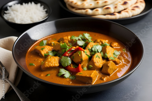 A bowl of spicy chicken curry with naan bread and rice