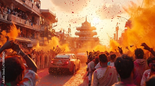 Colorful Celebration: A Vibrant Car Rally in the Streets Generative AI