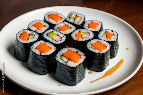 A plate of colorful sushi rolls with soy sauce and pickled ginger