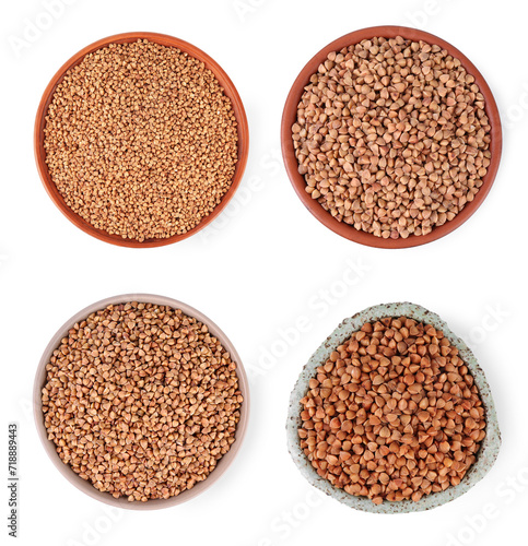 Buckwheat grains in bowls isolated on white, top view