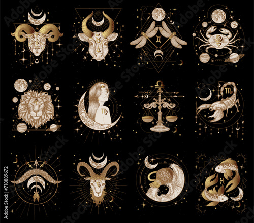 Vector set of zodiac signs on geometric patterns. Aries, Taurus, Gemini, Cancer, Leo, Virgo, Libra, Scorpio, Sagittarius, Capricorn, Aquarius, Pisces