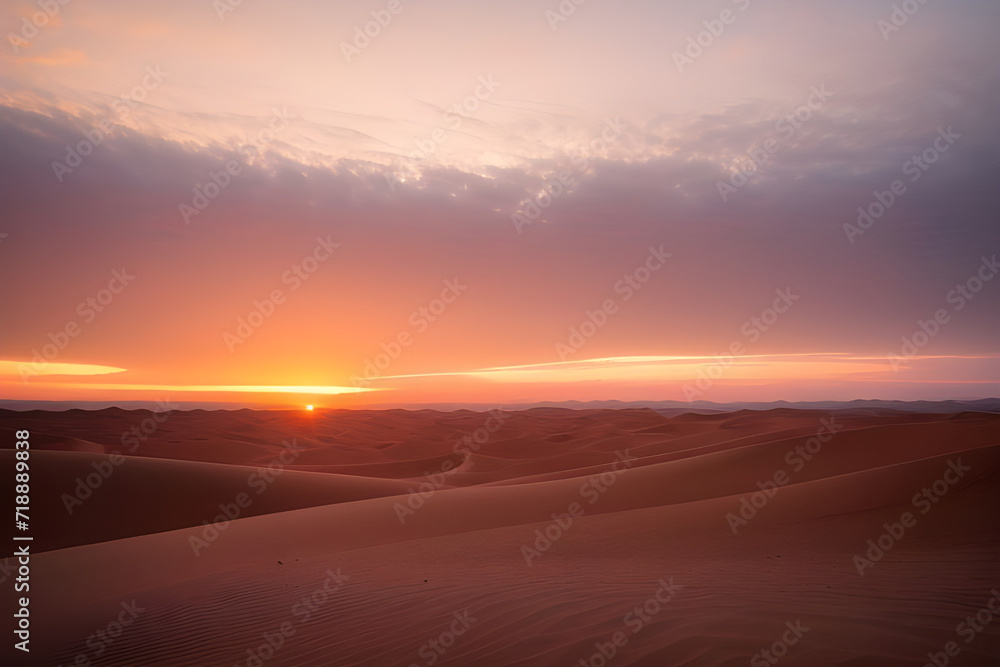 A breathtaking sunset over a vast desert with dunes and sparse vegetation