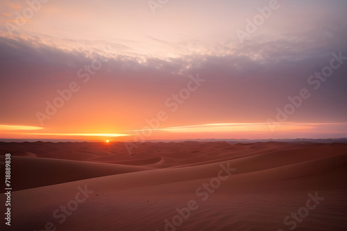 A breathtaking sunset over a vast desert with dunes and sparse vegetation © Iskandar