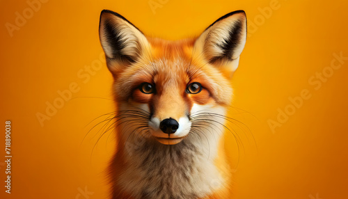 A close-up frontal view of a fox on a yellow background
