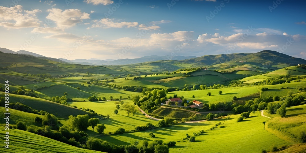 Naklejka premium Picturesque countryside farm with rolling hills in summer , Picturesque countryside farm, rolling hills, summer