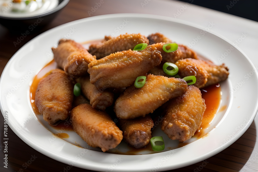 A plate of crispy chicken wings with dipping sauce.