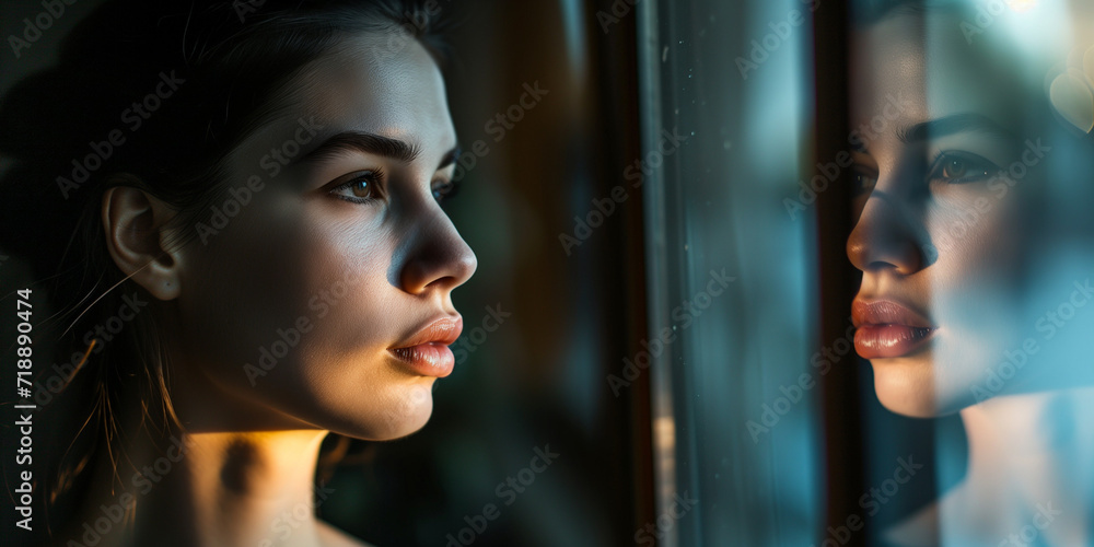 Intense young woman's profile with her reflection in window, contemplative gaze, evening light Intense young woman's profile with her reflection in window, contemplative gaze, evening light
