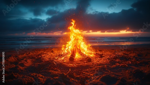 A Glowing Fire Pit on the Beach: A Perfect Spot for a Monthly Beach Bash Generative AI