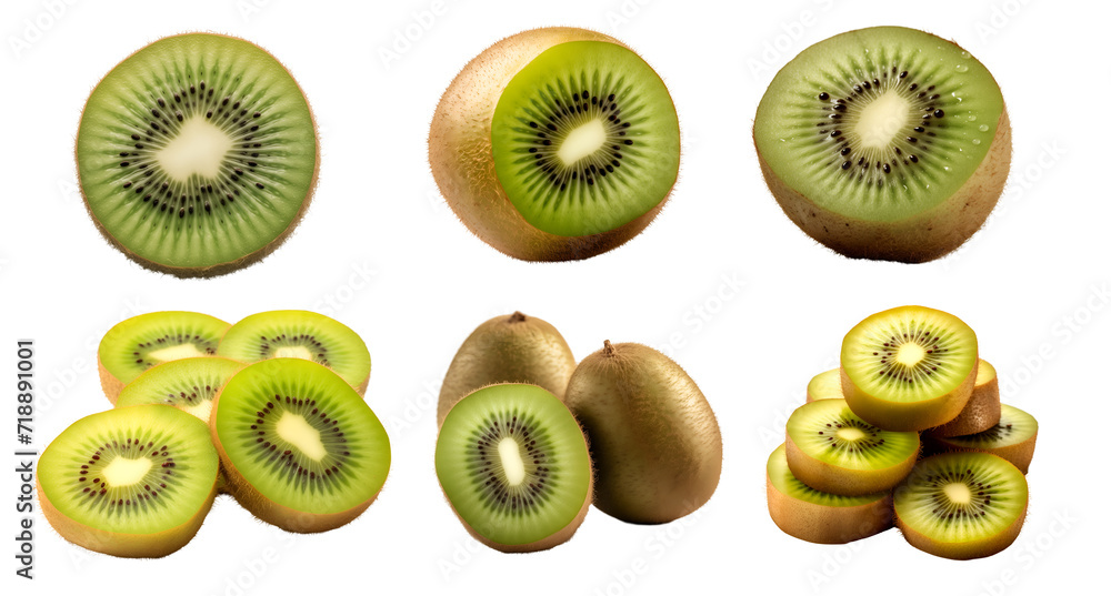 Fototapeta premium Kiwi Kiwifruit Chinese gooseberry, many angles and view side top front heap pile bunch isolated on transparent background cutout, PNG file. Mockup template for artwork graphic design