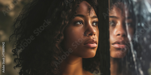 Serene African American woman with curly hair, close-up profile, reflective eyes, soft indoor light photo