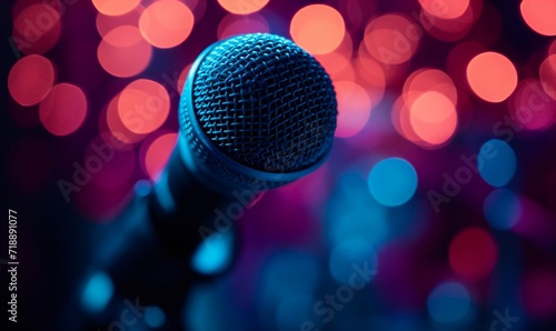 Microphone on stage close-up on a defocused multi-colored background with lights.