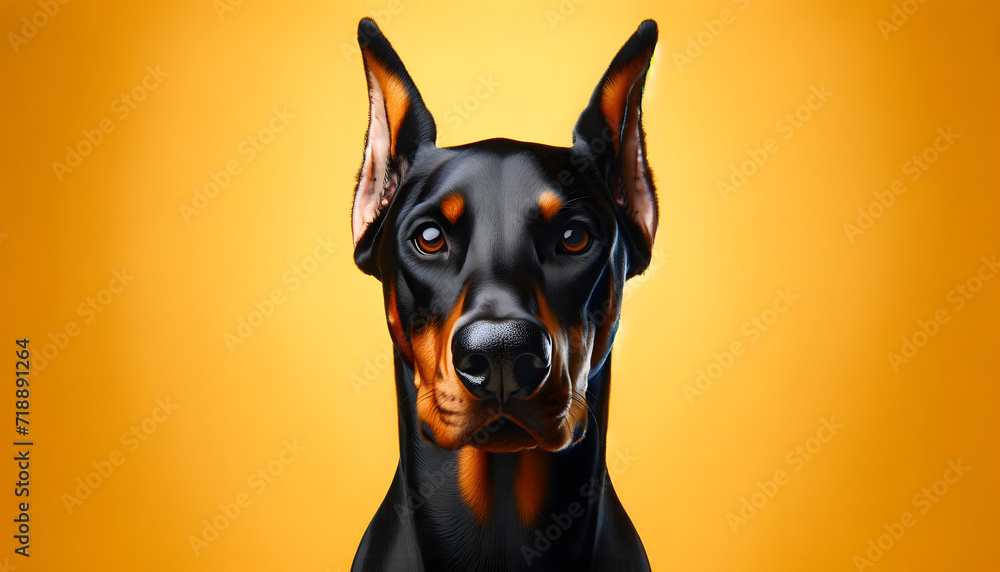A close-up frontal view of a Doberman on a yellow background