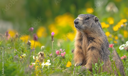 A groundhog in a spring flower field welcomes spring. photo