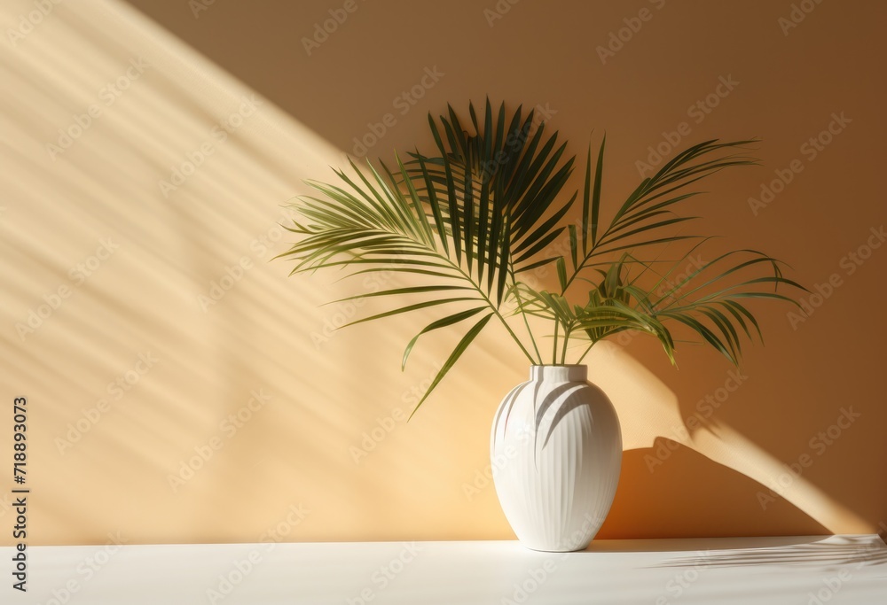 a white vase with palm tree outdoors near wall, in the style of light brown and light beige, minimalist backgrounds a white vase with palm tree outdoors near wall, in the style of light brown and light beige, minimalist backgrounds