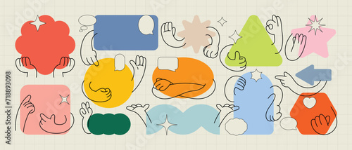 Set of Geometric shape characters, doodle hands, talk bubble texts, in basic style with elements on paper background. Vector illustration for branding, packaging, prints and social media posts.