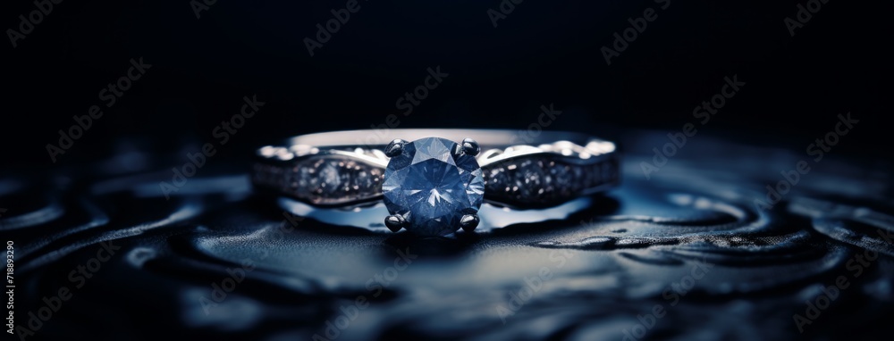 a diamond ring on a blue surface. wedding diamond ring. wedding panoramic banner.