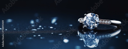 a diamond ring on a blue surface. wedding diamond ring. wedding panoramic banner.