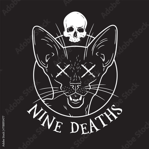 Black cat nine deaths with skull t-shirt print witch familiar spirit halloween or pagan witchcraft theme design vector illustration
