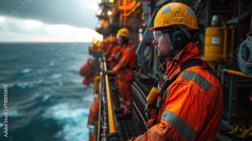 A tense moment captured as oil rig workers conduct an emergency drill, displaying teamwork and urgency, with safety equipment and the ocean backdrop